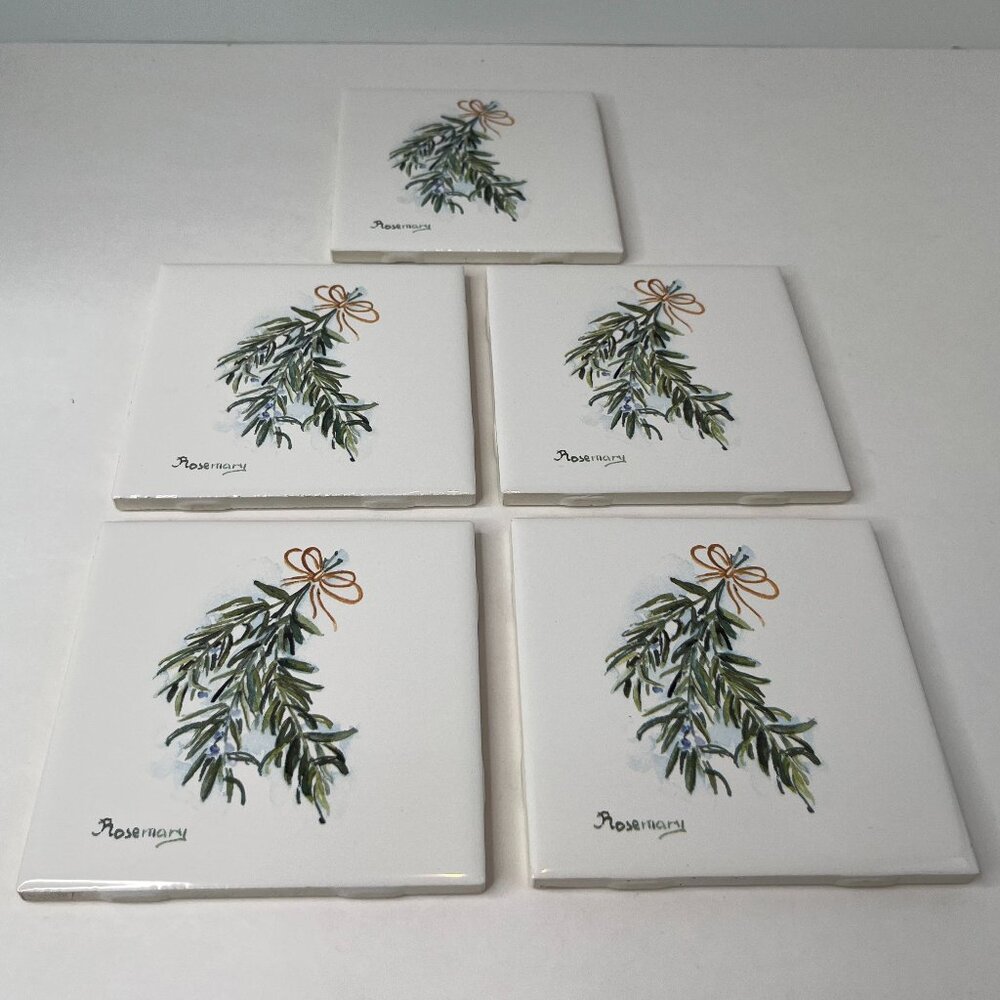Vintage Ceramic Tiles USA Lot (5) Rosemary Herb Kitchen 4.25" Replacement Repair